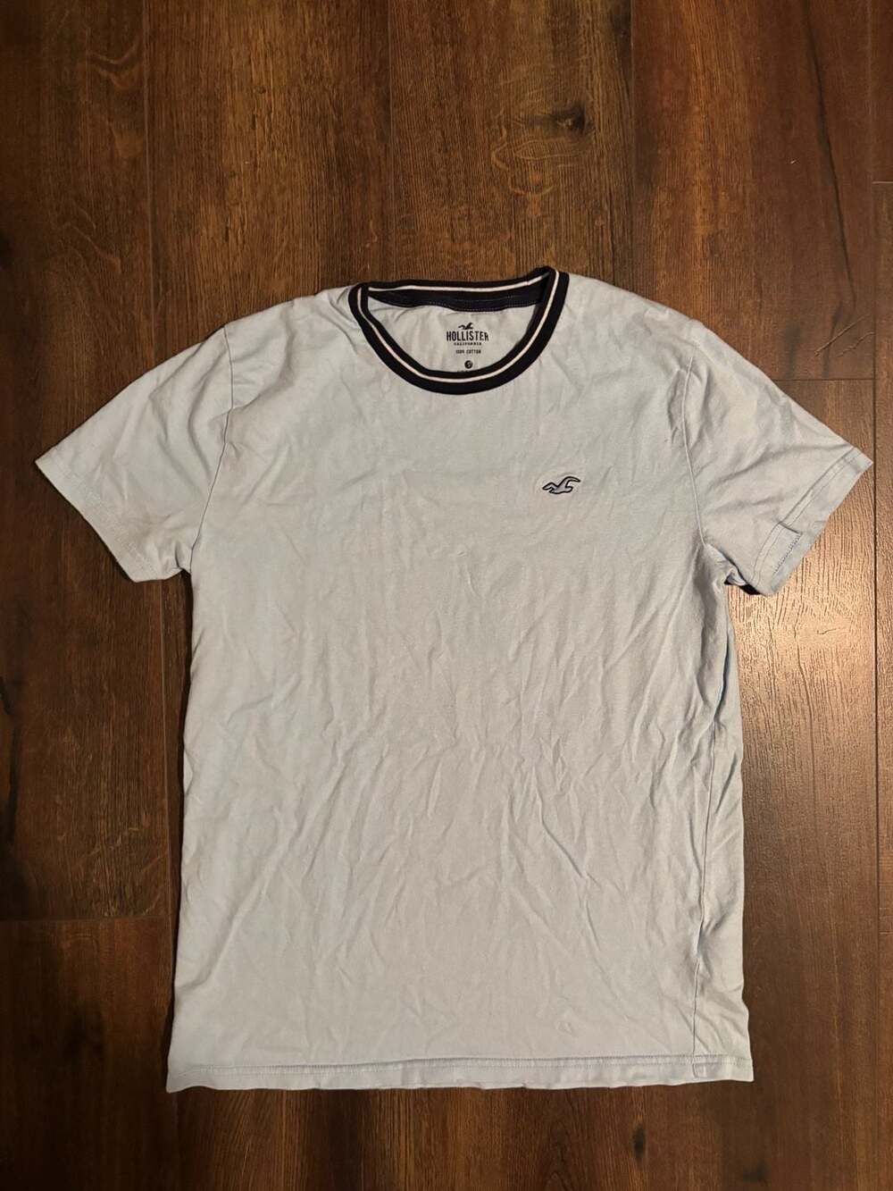 Hollister Ringer T-Shirt Size S Light Blue Cotton Embroidered Logo